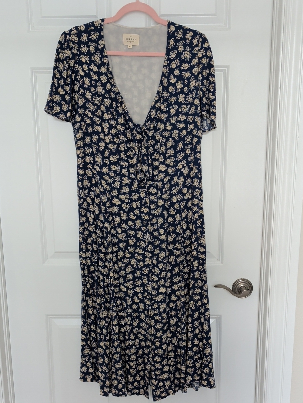 Sezane Navy and Cream Floral V-Neck Midi Dress